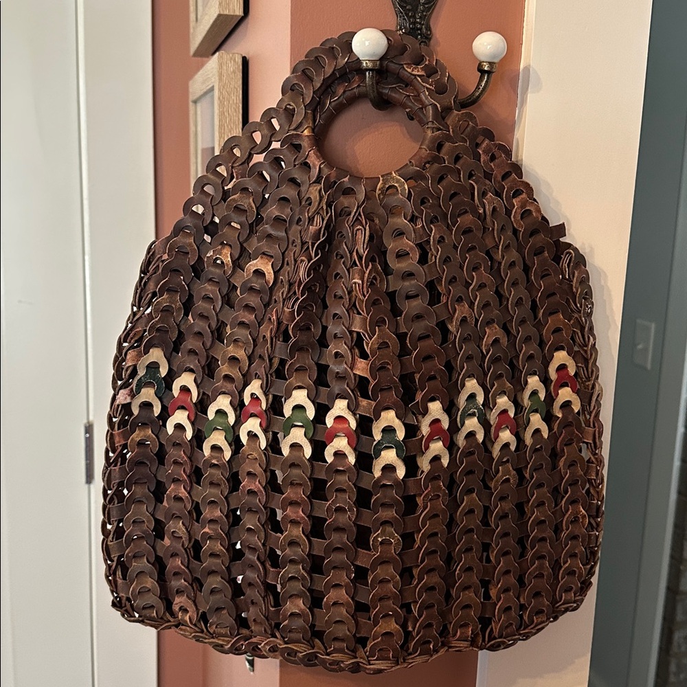 Vintage 1960’s-70’s Handcrafted Brown circular chain Woven unlined leather Bag